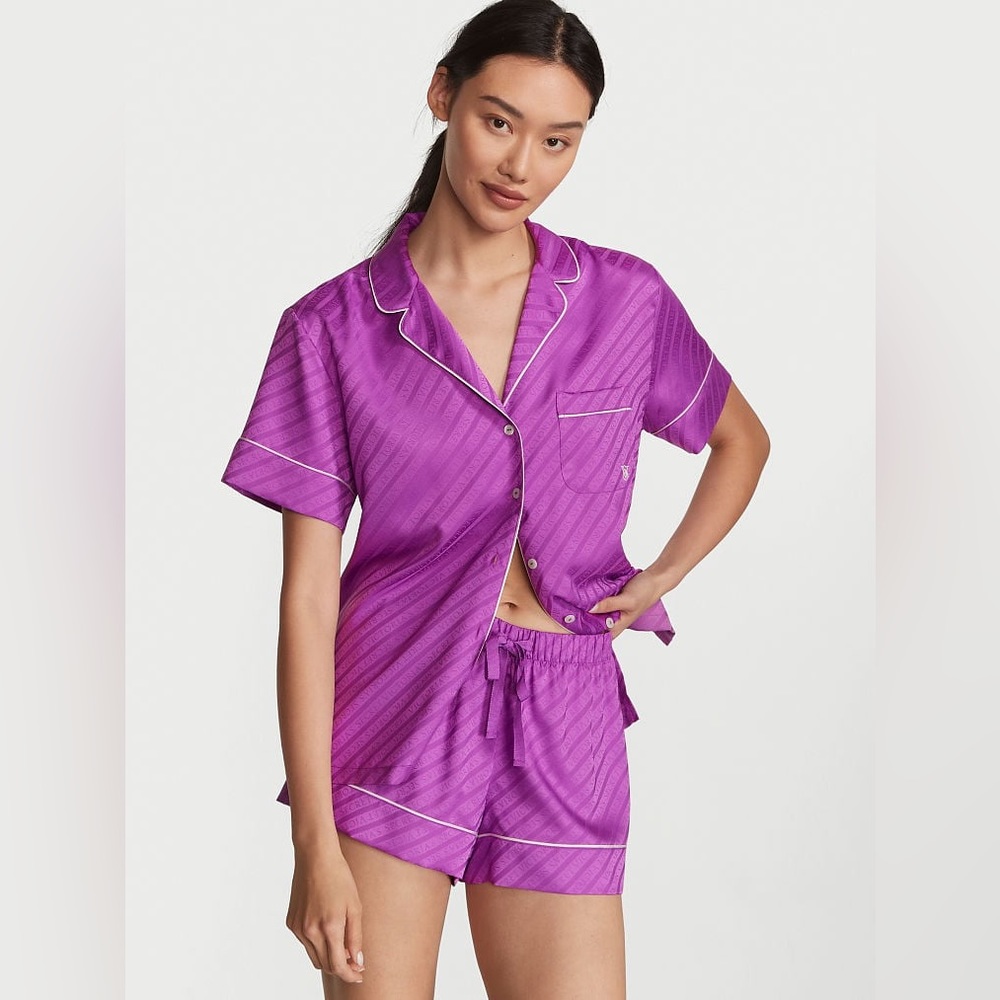 Victoria's Secret Satin Short Pajama Set Electric Violet Medium NEW